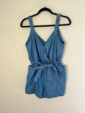 mahina Blue Denim-Style One-Piece Romper Shorts with Tie Waist with Pockets